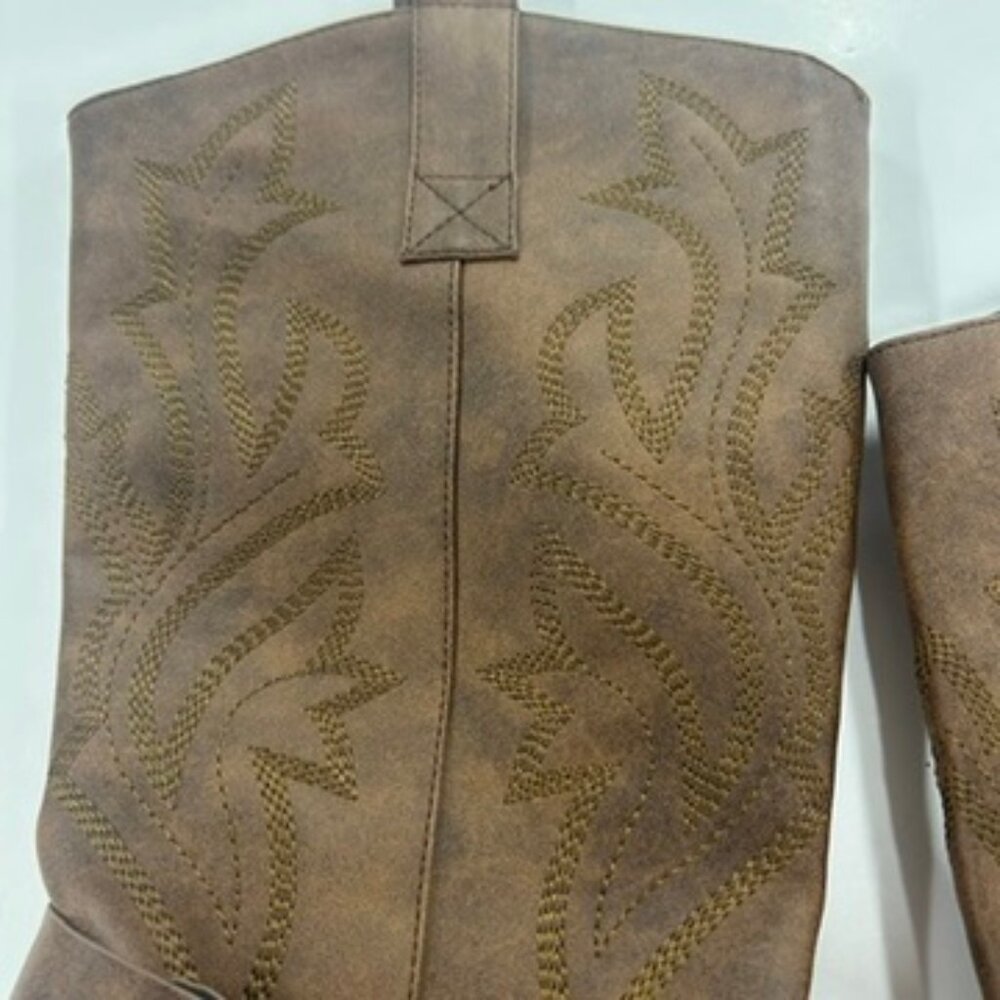 Brown Western Cowboy Boots Size‎ 39.5 / 9.5 Harness Mid Calf Stacked Heel - Picture 4 of 8